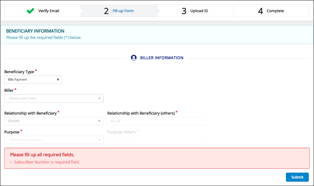 Beneficiary(受取人様)の情報を入力する画面。詳細は続く文章を参照してください。